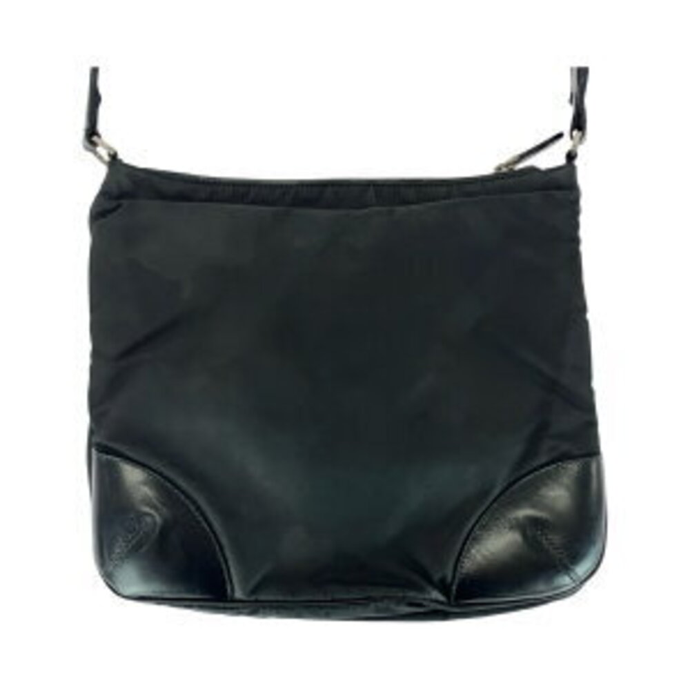 Prada shoulder triangular black leather plate nylon Tessuto bag messenger logo